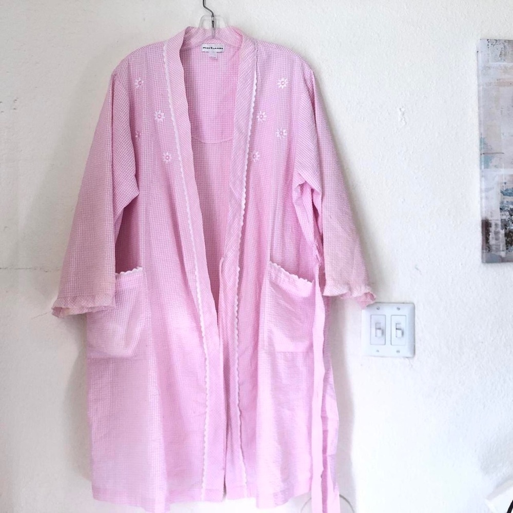 Gingham seersucker floral embroidery robe jacket belt lace ruffle cottage fairy